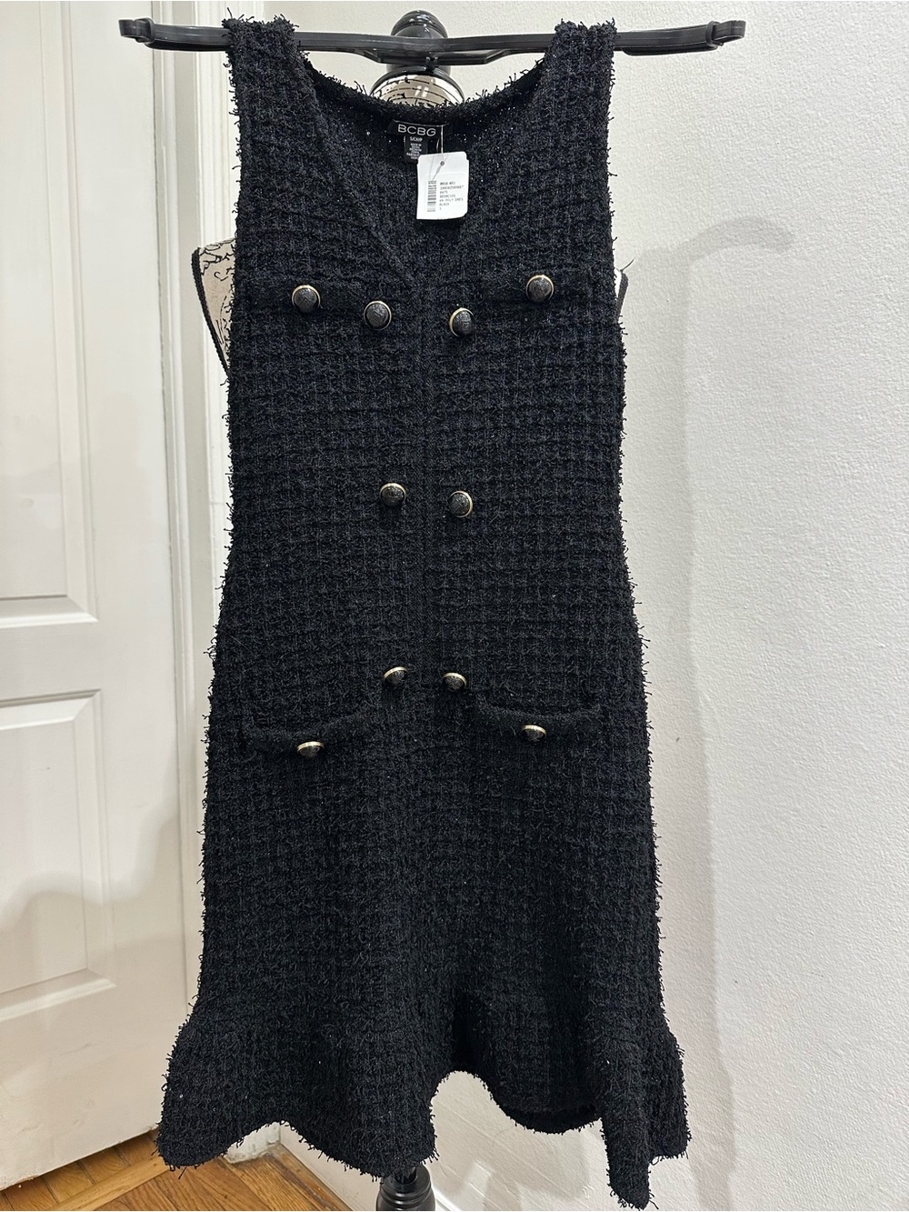 BCBG Black Textured Tweed Double-Breasted Sleeveless  Dress